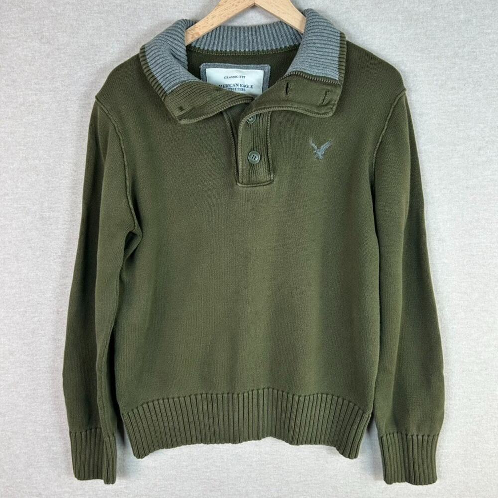 Vintage American Eagle Mens Y2K 1/4 Button Pullover Sweater Size M Preppy Grunge